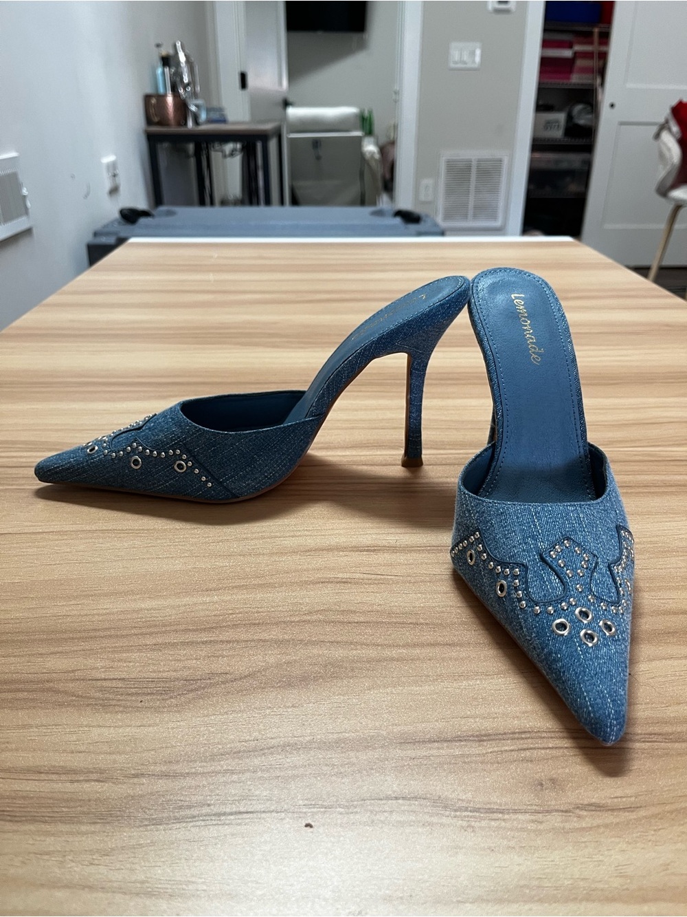 Lemonade Y2K Denim Studded Pointed Toe Mule Heels